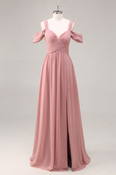 Dusty Rose Kalte Schulter Chiffon Gerafftes Langes Brautjungfernkleid mit Schlitz